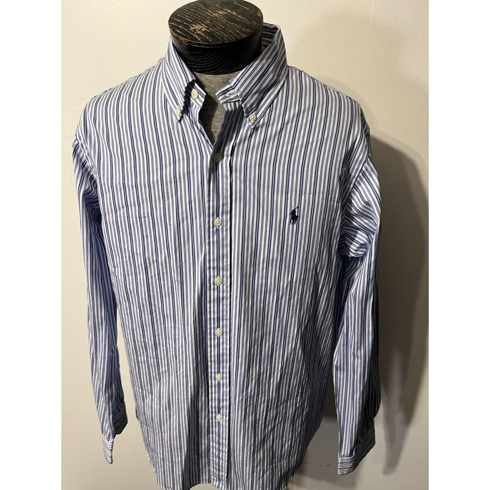 Ralph Lauren Shirt Mens Large Blue Stripe Custom Fit Button Down Long Sleeve - Picture 2 of 10